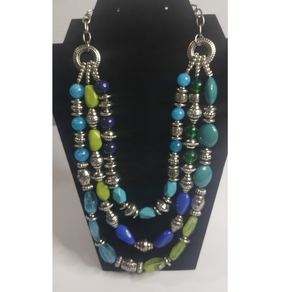 EL by Erika Lyons Multi Strand‎ Beaded Statement Necklace Blue Green Silver Boho